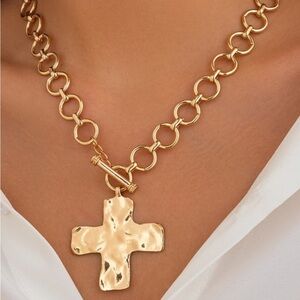 Gold Plated Hammered Cross Front Toggle Necklace + Cross Pendant